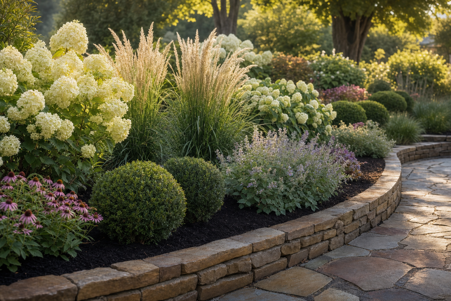 Layered garden bed with hydrangeas, ornamental grasses, and boxwood along a curved natural stone wall