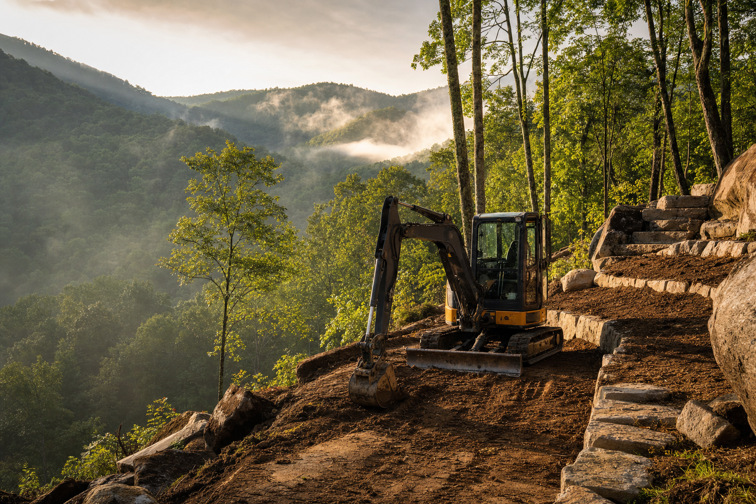 Compact excavator working a mountainside terrace with morning mist over the Blue Ridge