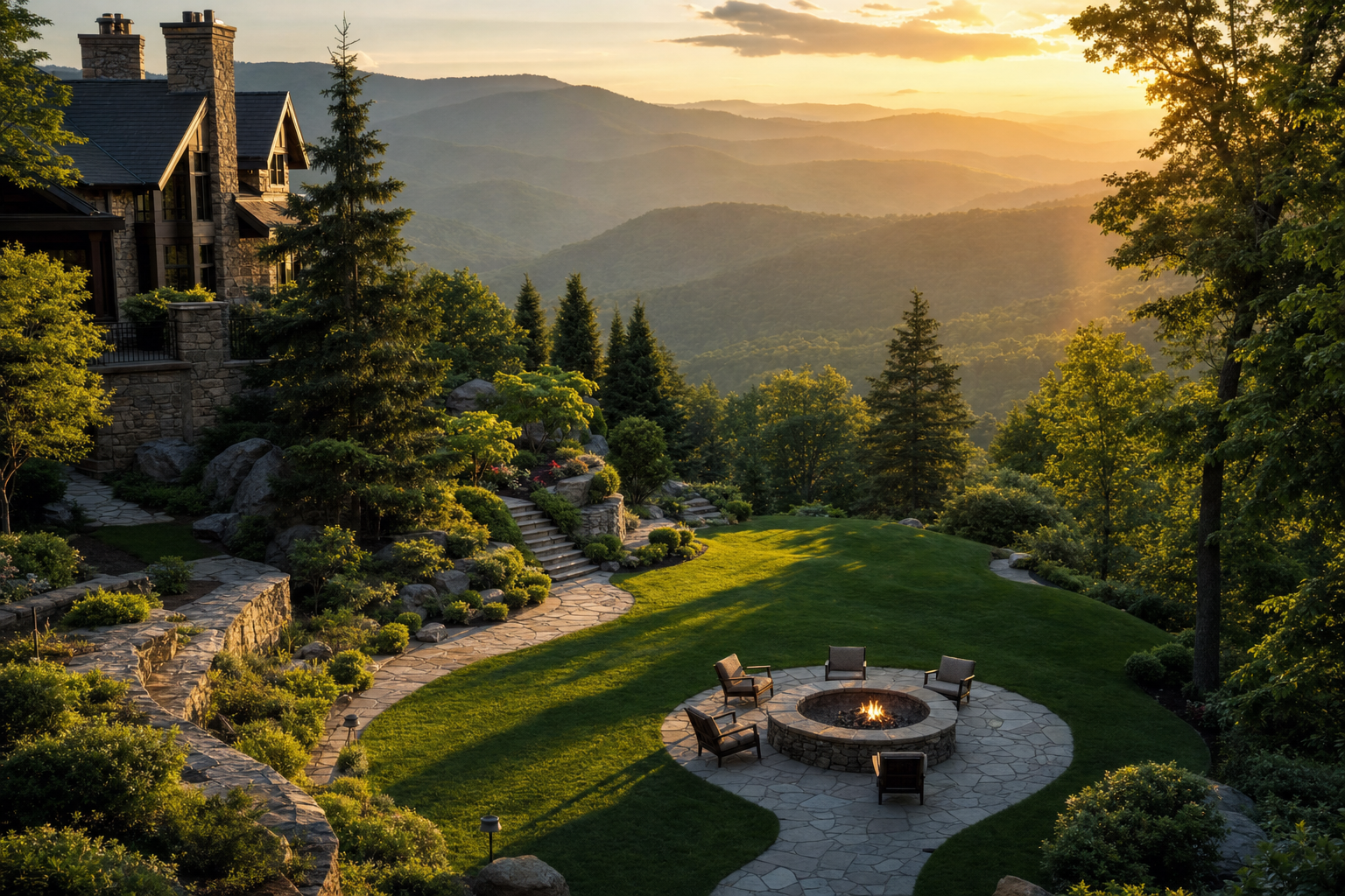 Luxury mountain estate with terraced stone landscaping overlooking the Blue Ridge Mountains at sunset